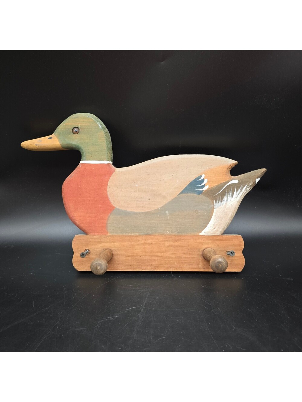 Vintage Hand Painted Wooden Mallard Duck Wall Plaque Hanger 2 Pegs Hat Key Rack